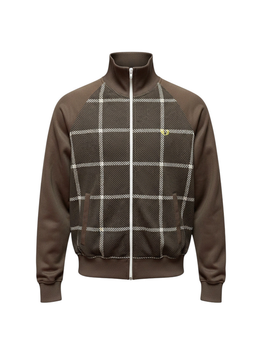 37casual Fred Perry Trainingsjacke in Braun mit weißem Karomuster, Stehkragen und gelbem Logo-Stick