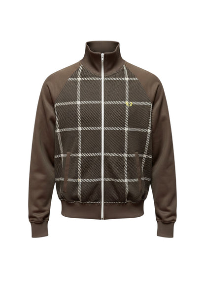 37casual Fred Perry Trainingsjacke in Braun mit weißem Karomuster, Stehkragen und gelbem Logo-Stick