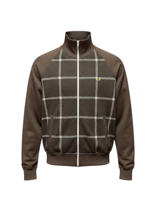 37casual Fred Perry Trainingsjacke in Braun mit weißem Karomuster, Stehkragen und gelbem Logo-Stick