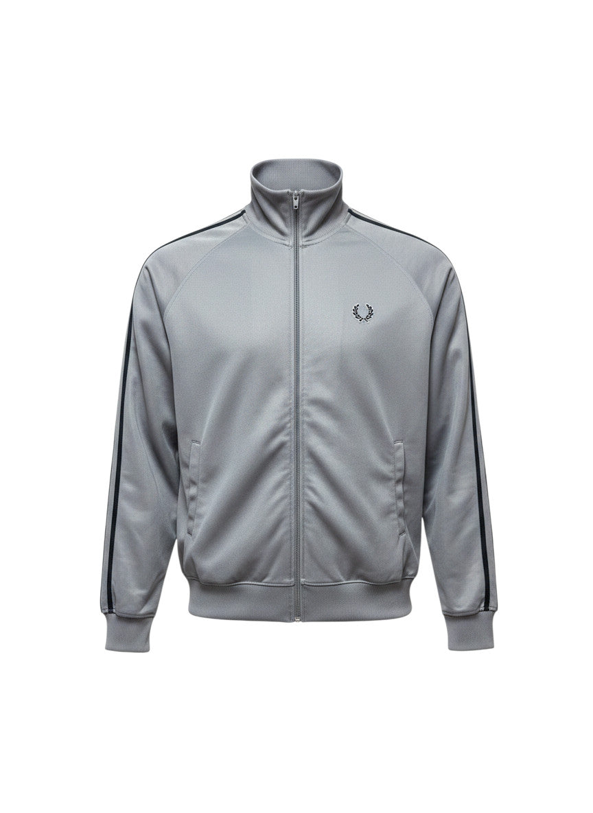 Graue Fred Perry Trainingsjacke von 37casual mit Reißverschluss, Stehkragen und schwarzen Seitenstreifen