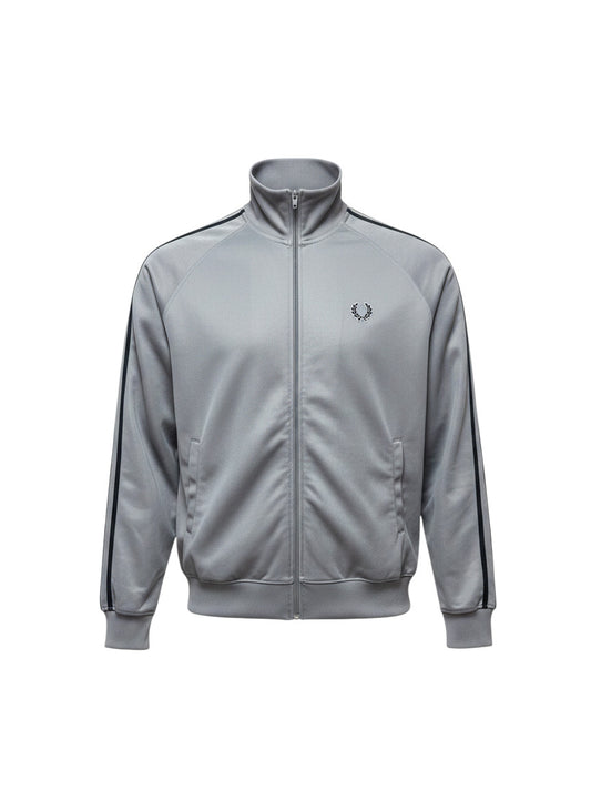 Graue Fred Perry Trainingsjacke von 37casual mit Reißverschluss, Stehkragen und schwarzen Seitenstreifen