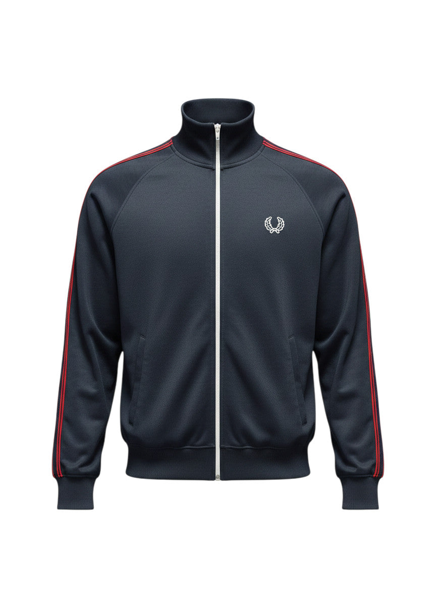 Dunkelblaue Fred Perry Trainingsjacke von 37casual mit weißem Reißverschluss und roten Streifen an den Ärmeln