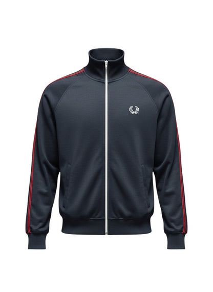 Dunkelblaue Fred Perry Trainingsjacke von 37casual mit weißem Reißverschluss und roten Streifen an den Ärmeln
