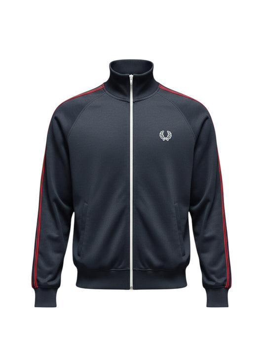 Dunkelblaue Fred Perry Trainingsjacke von 37casual mit weißem Reißverschluss und roten Streifen an den Ärmeln