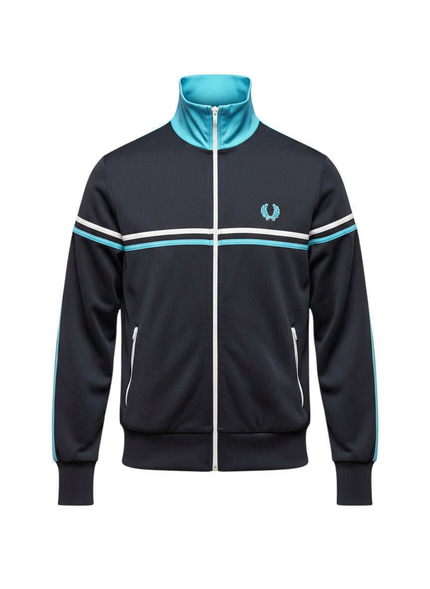37casual Fred Perry Trainingsjacke in Dunkelblau mit hellblauen Akzenten, Stehkragen und gesticktem Logo