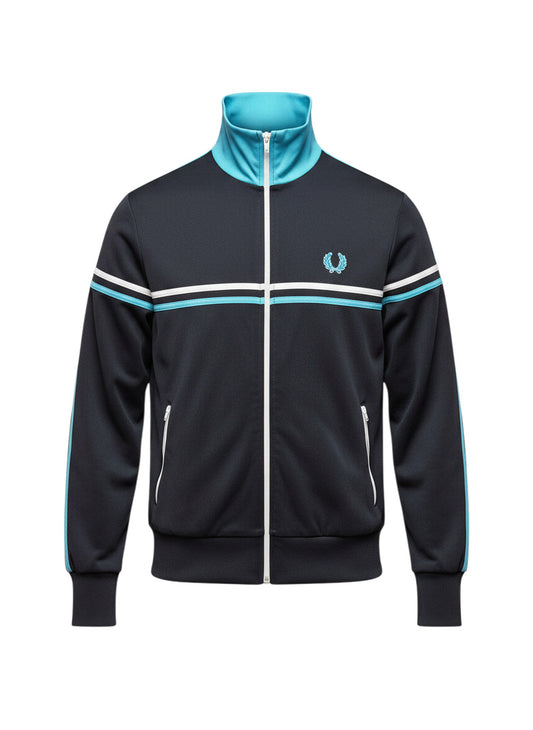 37casual Fred Perry Trainingsjacke in Dunkelblau mit hellblauen Akzenten, Stehkragen und gesticktem Logo