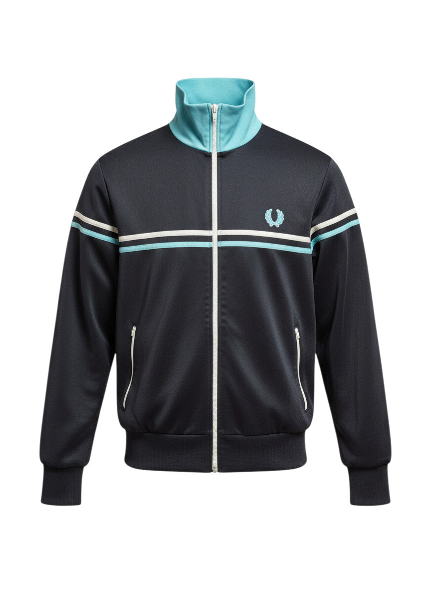 37casual Fred Perry Trainingsjacke in Schwarz mit hellblauem Stehkragen und weißem Reißverschluss